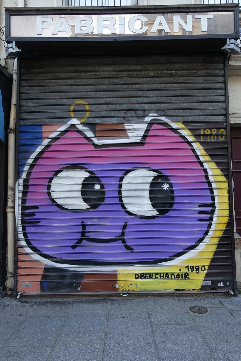 Chat violet aux grands yeux peint par Chanoir sur un rideau de fer à Paris
